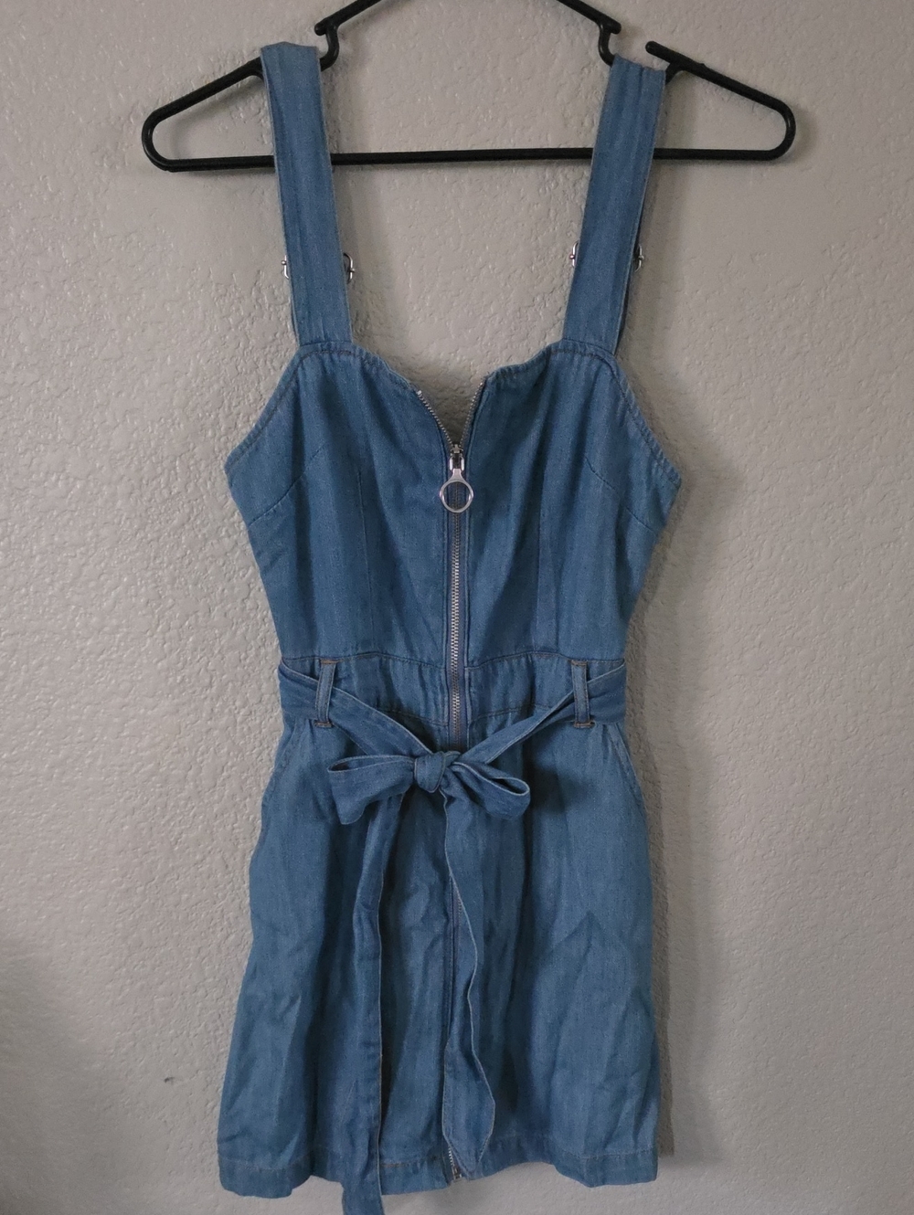 Womens Blue Denim Zip-Front One-Piece Dress with Tie Belt